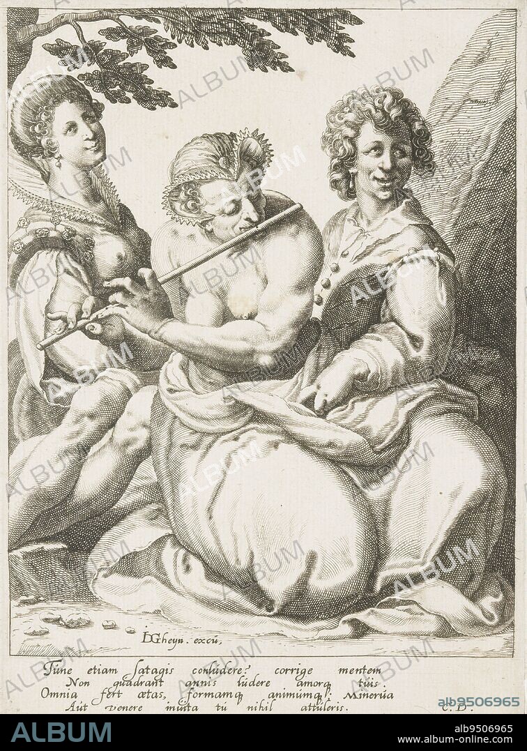 An old woman, the upper body undressed, plays the flute in the open air. To  her right is a young lady, to her left a young man. The latter makes an  obscene