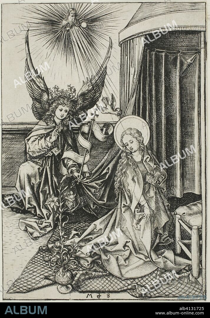 The Annunciation. Martin Schongauer; German, c. 1450-1491. Date: 1479-1489. Dimensions: 160 x 110 mm (sheet, trimmed to plate mark). Engraving on paper. Origin: Germany.