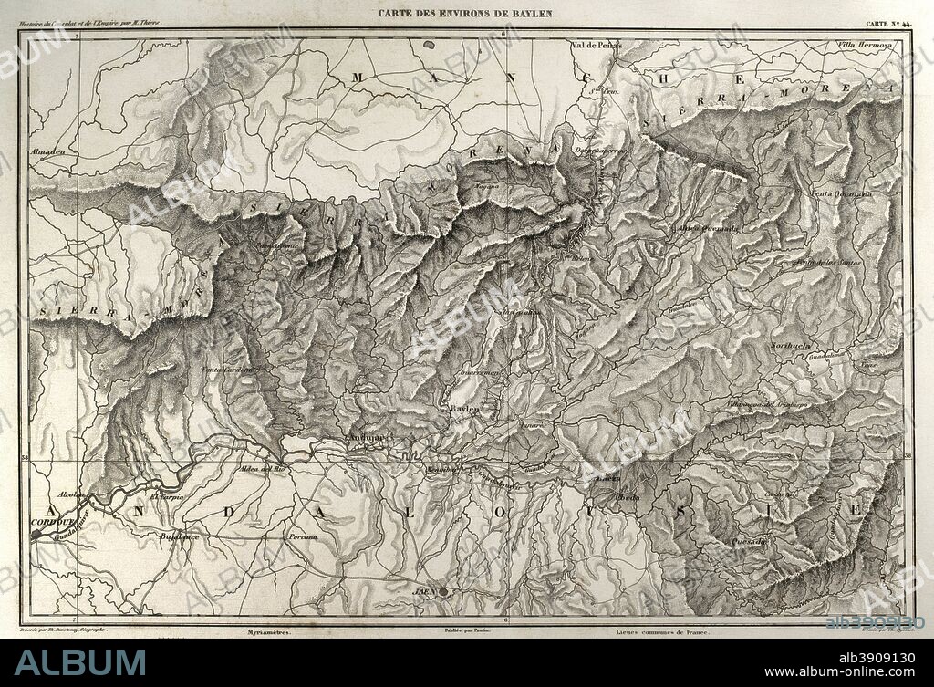 Napolenic map. Surrounding of the town of Bailen (province of Jaen, Andalusia, Spain). During the War of Spanish Independence it took place a battle in Bailen, the first defeat of the French army, 19 th July, 1808. Atlas de l'Histoire du Consulat et de l'Empire. History of the Consulate and the Empire of France under Napoleon by Marie Joseph Louis Adolphe Thiers (1797-1877). Drawings by Dufour, engravings by Dyonnet. Edited in Paris, 1864.