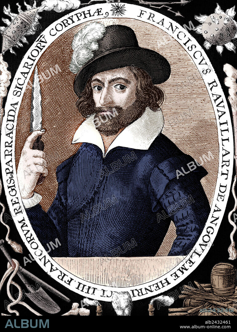 Francois Ravaillac (1578-1610) French extremist he stabbed to death French king Henri IV in 1610, engraving colourized document.