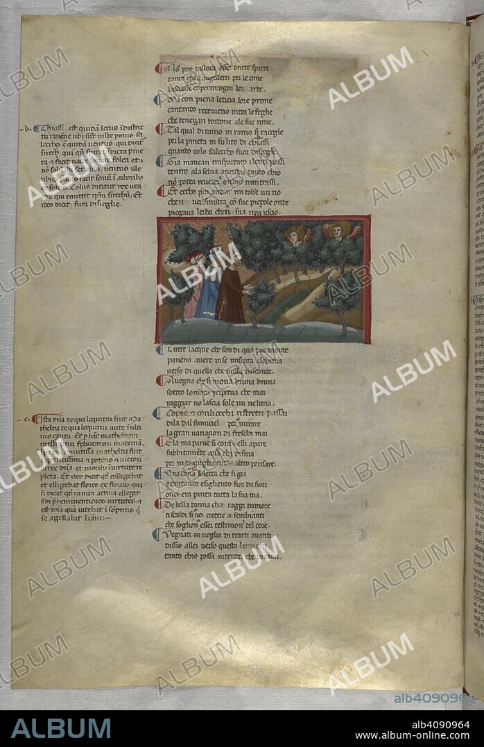 Purgatorio:  Dante, Statius and Virgil reach the Forest of Earthly Paradise. Dante Alighieri, Divina Commedia ( The Divine Comedy ), with a commentary in Latin. 1st half of the 14th century. Source: Egerton 943, f.113v. Language: Italian, Latin.