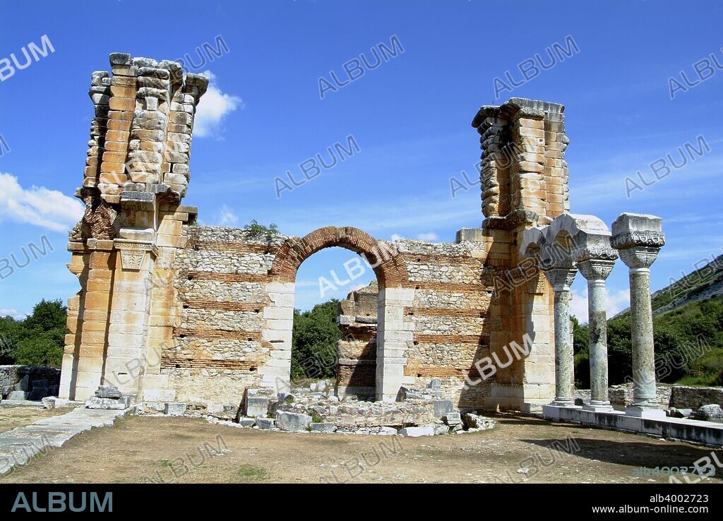 Basilica B, Philippi, Greece. Basilica B, also known by its Turkish name of Direkler, is the largest church in Philippi. Built arouind 560 by an architect from Constantinople over an ancient palaestra, it was designed as a domed basilica on the model of St Sophia in Constantinople, but the dome collapsed and the church was never completed.