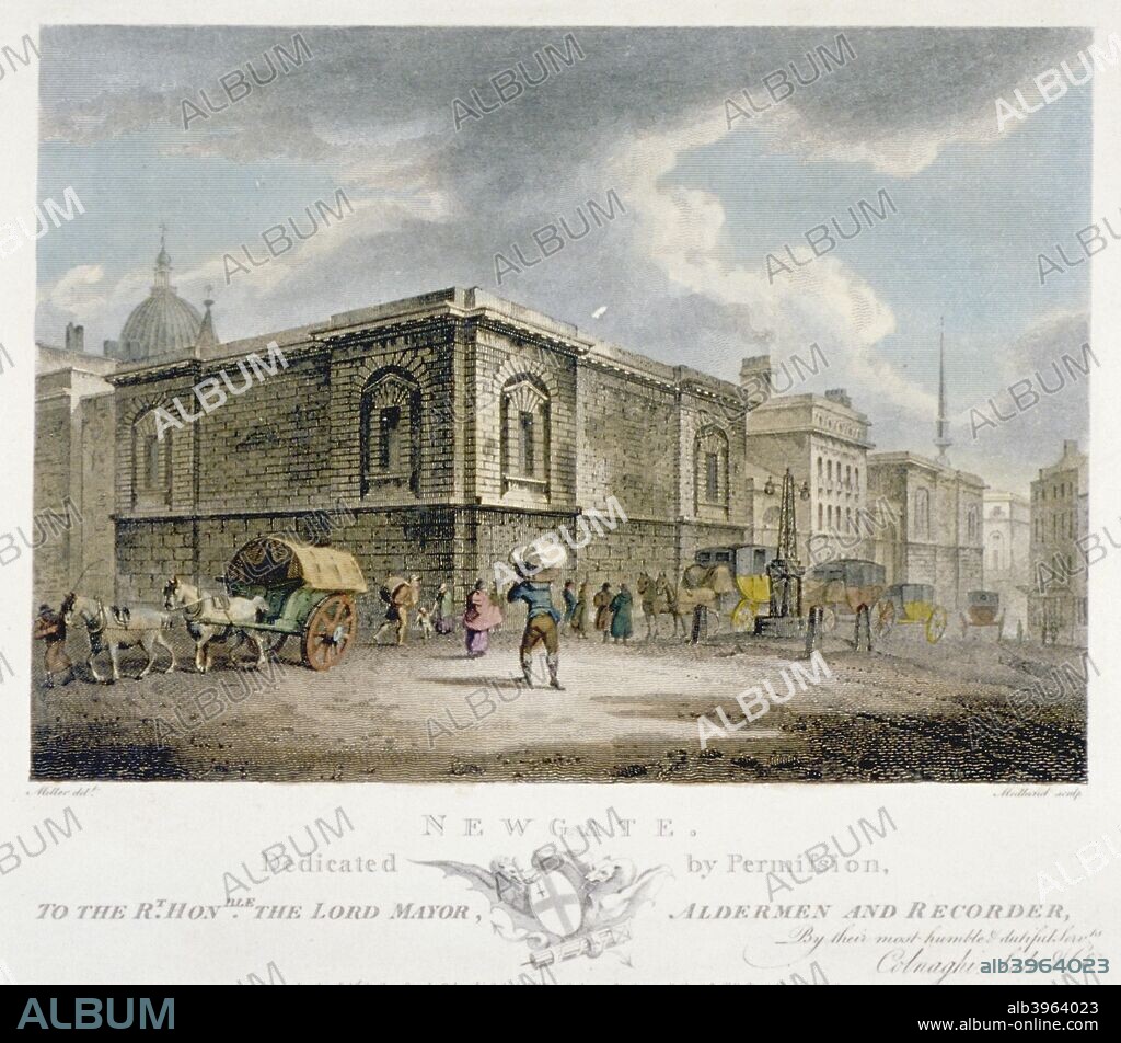 Newgate Prison, Old Bailey, City of London, 1800. View with figures and horse-drawn vehicles in front of the prison.