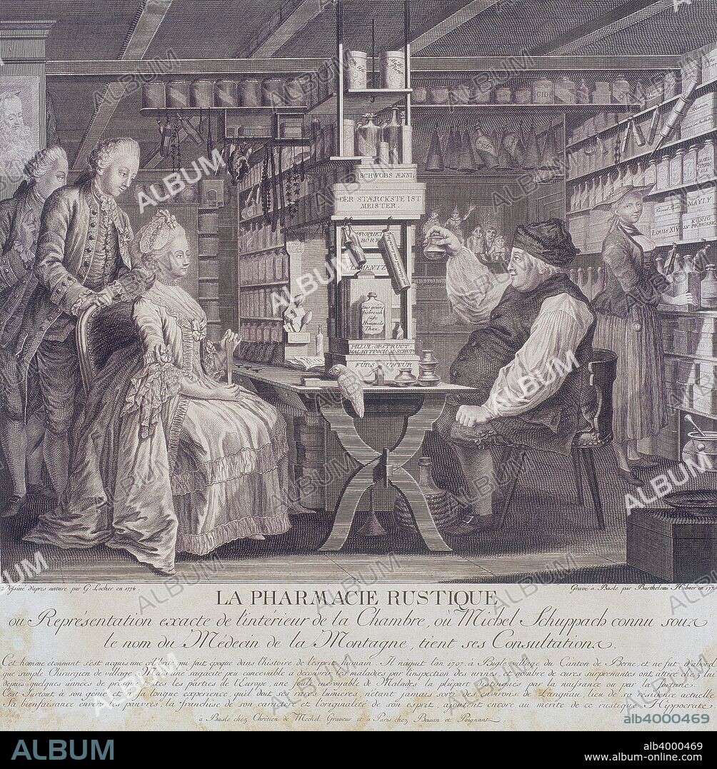 'La Pharmacie Rustique', c1775. After a painting done in 1774 by G Locher, the composition shows a visit to a country chemist. Illustrated with the interior of Michael Schuppach's pharmacy in Basel, Switzerland, the picture shows a wealthy lady and gentlemen in consultation with the physician, who holds up a potion.