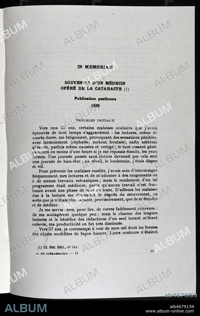 Premiere page de l'ouvrage de Gaetan GATIAN DE CLERAMBAULT (1872-1934) 'Souvenirs d'un medecin opere de la cataracte', publie en 1935. Credit : Jean Vigne/KHARBINE-TAPABOR.