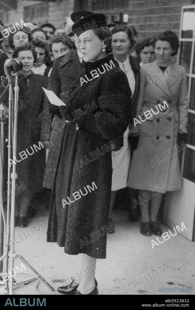 New Churchill Hospital Built By American Funds Opened By Duchess of Kent -- The Duchess of Kent speaking at the opening ceremony.
The Duchess of Kent opened the new Churchill Hospital in Oxfordshire, which has been built by funds raised by the British War Relief Society of America.
The American Ambassador, Mr. J.G. Winant, and Mr. Ernest Brown, the Minister of Health, were also present at the ceremony.
The new hospital, which has accommodation for 600 patients, is built on a principal which makes it practically bombproof. January 28, 1942.