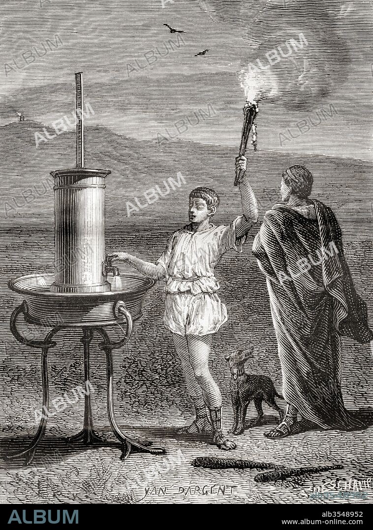 The ancient Greek hydraulic semaphore system being used by Aeneas to send a message, 4th century B.C. From Les Merveilles de la Science, published c.1870.