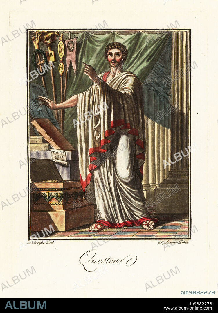 Costume of a quaestor or treasury official, ancient Rome. In toga, tunic  and sandals, in a room with military shield or ancilia, signum, aquila or  eagle standard, and othe - Album alb9882278