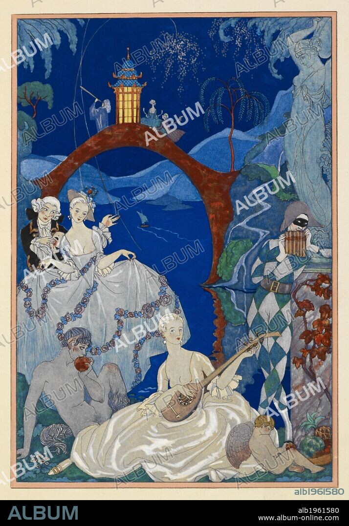 Claire de Lune. A beautiful woman plaing a mandolin. A Faun sitting beside her. A harlequin. All in a landscape. FÃªtes galantes. [PoÃ¨mes]. Illustrations de George Barbier. Paris: H. Piazza, 1928. FÃªtes Galantes is an album consisting of romantic prints of French life among the upper classes of the 19th century. Rich aristocrats of the French court used to play gallant scenes from the commedia dellâ€™ arte that were called Fetes Galantes. The prints accompany Paul Verlaine's poetry. Each album contains 20 lithograph prints with pochoir highlighting by George Barbier. Source: L.45/2847, before page 3. Language: French.