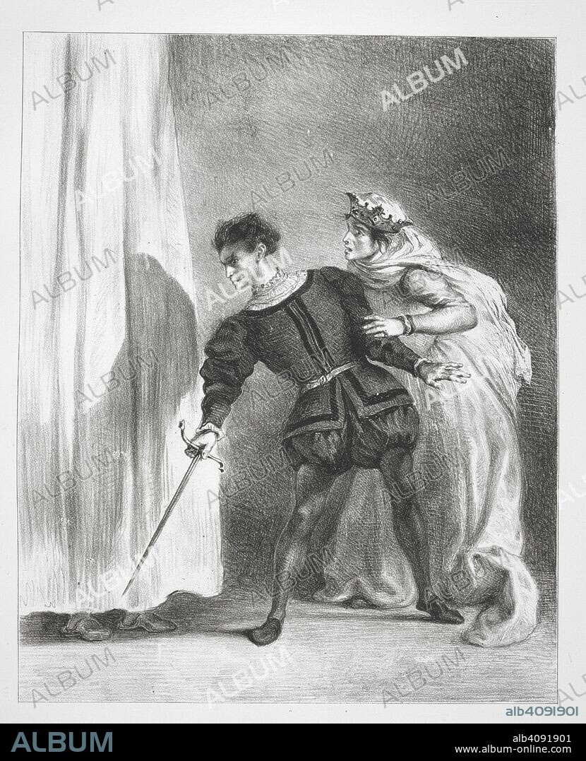 WILLIAM SHAKESPEARE and EUGENE DELACROIX. Act III, scene iv. The murder of Polonius. Hamlet. Seize sujets dessineÌs et lithographieÌs par EugeÌ€ne Delacroix. [Reproductions of Drawings, Paintings, etc. by Delacroix.]. Paris, 1864. Source: 1872.c.28 plate 10.