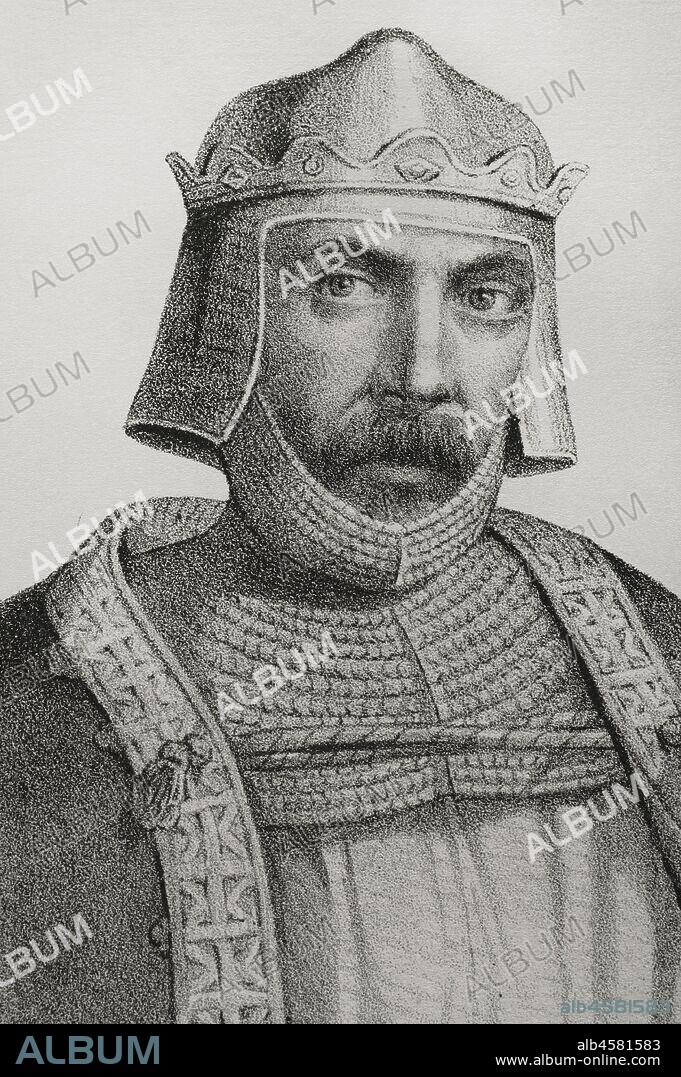 Alfonso II de Asturias (759-842), apodado el Casto. Rey de Asturias en dos periodos, en 783 y posteriormente entre 791 y 842. Hijo del rey asturiano Fruela I, llegó al trono tras la abidcación de Bermudo I en 791. Dibujo por Llanta. Detalle. Litografía. Crónica General de España, Historia Ilustrada y Descriptiva de sus Provincias. Castilla-La Vieja,1870. Biblioteca Histórico Militar de Barcelona, Cataluña, España.