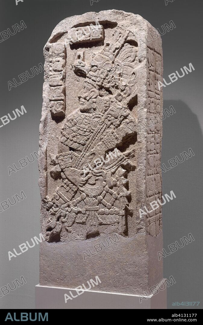 Stela. Late Classic Maya; Vicinity of Calakmul, Campeche or Quintana Roo, Mexico. Date: 702 AD. Dimensions: 162.6 × 68.6 × 30.5 cm (64 × 27 × 12 in.). Limestone. Origin: Campeche.