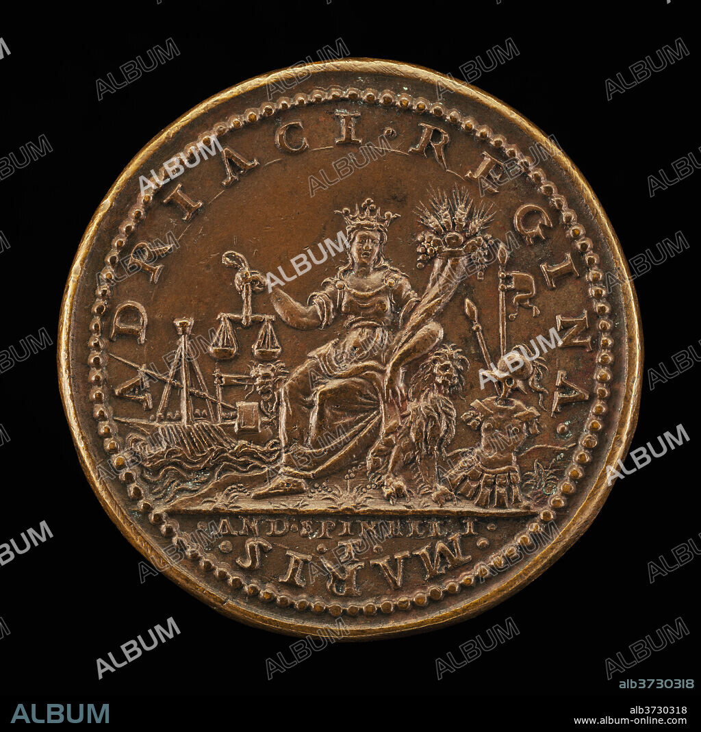 ANDREA SPINELLI. Venice Crowned Holding Cornucopiae and Scales, Galley and Arms [reverse]. Dated: 1539. Dimensions: overall (diameter): 4.1 cm (1 5/8 in.)  gross weight: 32.89 gr (0.073 lb.)  axis: 6:00. Medium: bronze//Struck.