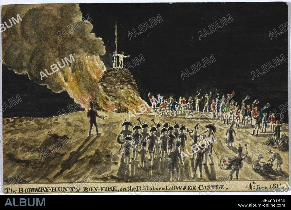 The Bobbery Hunt's bonfire on the hill above Lowjee Castle, 4th June 1811. Bombay Views and Costume. 1810-11. India. Source: WD 315 no.24.