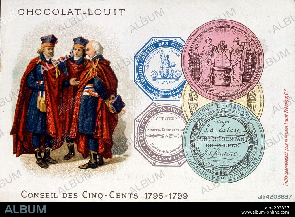 Illustration depicting members of the Council of Five Hundred (Conseil des Cinq-Cents), or simply the Five Hundred, was the lower house of the legislature of France under the Constitution of the Year III. It existed during the period commonly known (from the name of the executive branch during this time) as the Directory (Directoire), from 26 October 1795 until 9 November 1799.