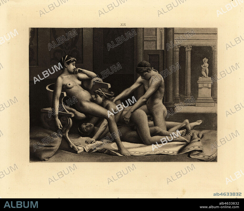 Roman orgy. Man and three women engaged in oral sex and penetration.  Aquatint by Theophile Fillon after an illustration by Paul Avril from  Friedrich Karl Forbergs Manual o - Album alb4633832