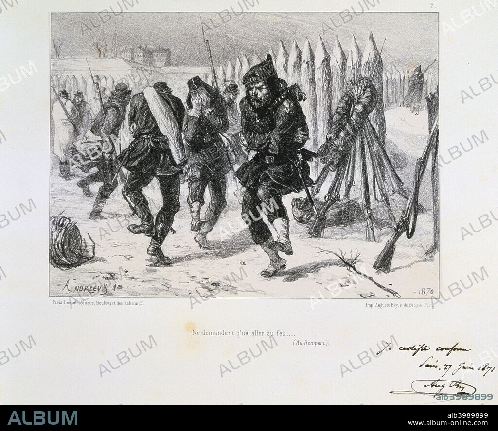 Siege of Paris, Franco-Prussian War, 1870 (1871). Freezing French soldiers dancing to try to keep warm. After the disastrous defeat of the French at Sedan and the capture of Napoleon III, the Prussians surrounded Paris on 9 September 1870. The city held out despite famine, disease and cold until a bombardment with heavy siege guns led to its surrender on 28 January 1871. From a private collection.