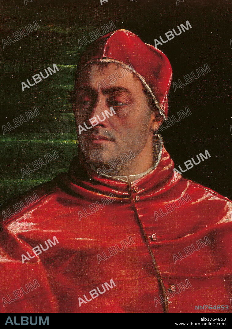 Pope Clement VII, by Sebastiano Luciani known as Sebastiano del Piombo, 1525 about, 16th Century, oil on canvas, cm 145 x 100. Italy, Campania, Naples, Capodimonte National Museum and Galleries. Detail. Portrait pope Clement VII skull cap cape red black. Authorization required for non editorial use.
