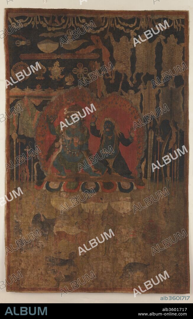 Offerings to Wrathful Deities. Culture: Tibet. Dimensions: 66 15/16 x 43 11/16 in. (170 x 111 cm). Date: late 16th-17th century.
This black-ground (Tibetan: nag thang) painting was installed in the chapel (gonkhang) dedicated to the wrathful protective deities (dharmapalas), a room reserved for tantric initiation rites within a Tibetan monastery. The exceptional scale and complexity of the composition relate the painting to the offering-scene murals known as "sets of ornaments" (Tibetan: rgyan tshogs) that adorn the interiors of shrines dedicated to the dharmapalas. Two wrathful tantric deities are represented with flames emanating from their beings, standing on a male corpse atop a lotus pedestal. They are draped in flayed skins and garlands of severed human heads. Offerings of flayed skins, ritual utensils and objects, and a vast assortment of weapons fill the interior. Framing the scene above is a curtain of flayed human skins and organ entrails.