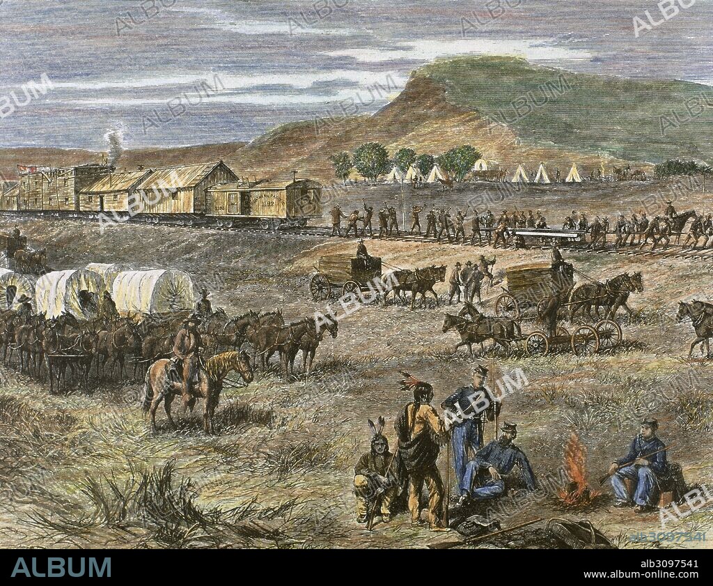 American West. 19th century. Central Pacific Railroad. Construction of the railway. The workers carried their houses in the train cars. Meanwhile, the American soldiers and Sioux Indians are in a friendly talk. Colored engraving.