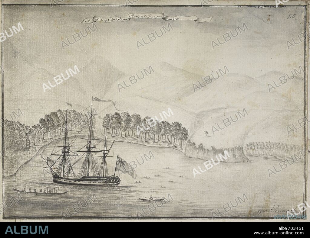 Drawing of the Dolphin anchored in Port Royal Bay, King George's Island ...