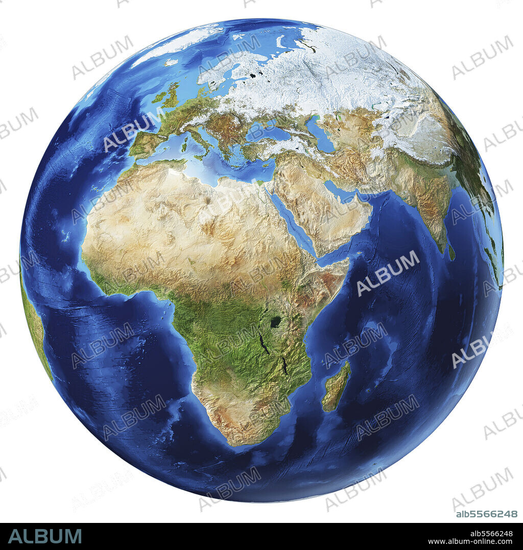 3D illustration of planet Earth globe on white background, centered on Africa, Asia and Europe.