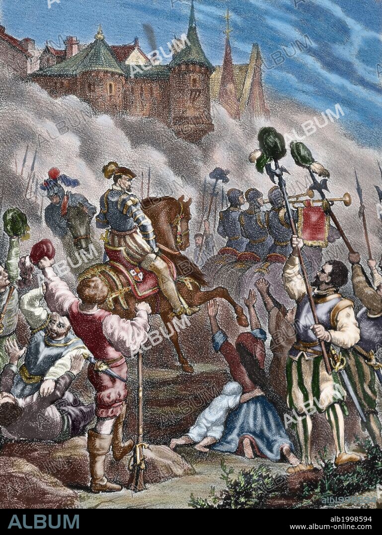 The Portuguese succession crisis of 1580. The fall of Lisbon. Fernando Alvarez de Toledo y Pimentel (1507-1582), 3rd Duke of Alba and supreme commander in Portugal in 1580, defeated Antonio I of Portugal in the Battle of Alcantara and reduced Portugal to the subjection of Philip II of Spain. Colored engraving.