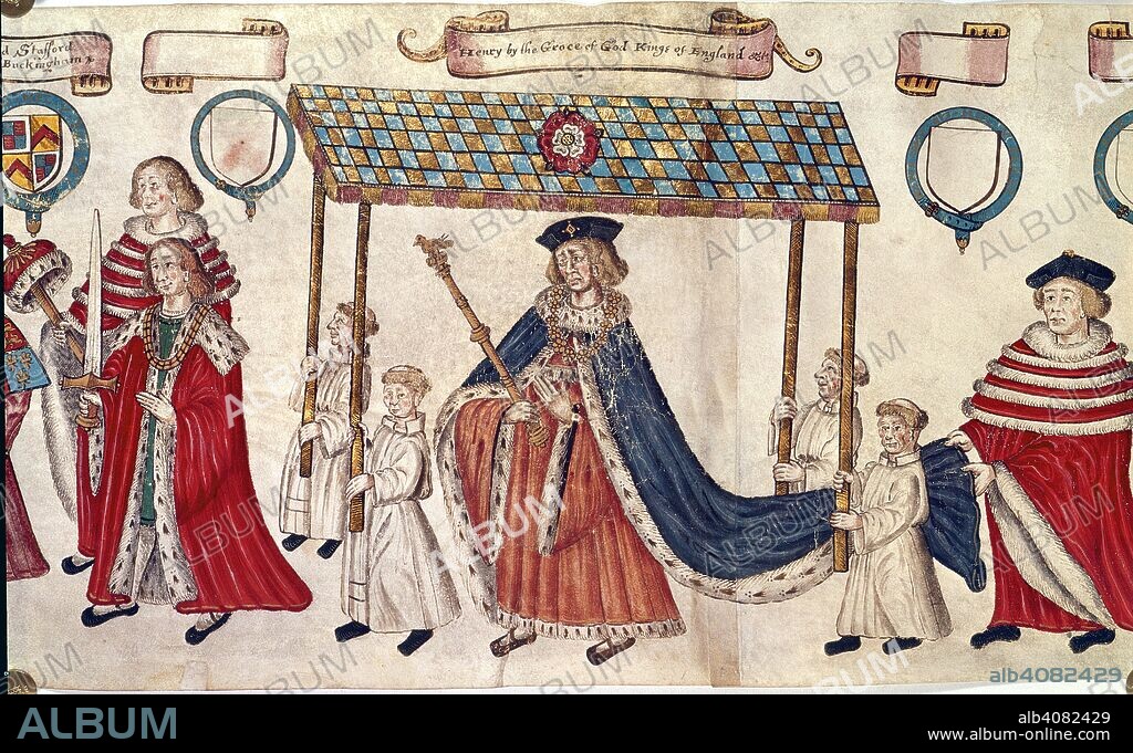 Henry VIII; Duke of Buckingham. Parliament Procession Roll of 1512. England; early 17th century. [Part of roll] Edward Stafford, Duke of Buckingham, carrying a sword, and King Henry VIII, with sceptre, under the canopy held by four bearers; in the royal procession to Parliament at Westminster, 4 February 1512. 17th century copy  Image taken from Parliament Procession Roll of 1512.  Originally published/produced in England; early 17th century. . Source: Add. 22306, Section 6. Language: English.