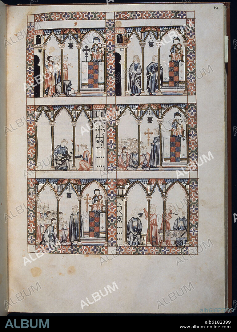 ALFONSO X OF CASTILE THE WISE. MS B.R.20- CANTIGA STA MARIA Nº318-F63R-LA VIRGEN SE VENGA DEL CLERIGO QUE HURTA PLATA DE LA CRUZ.