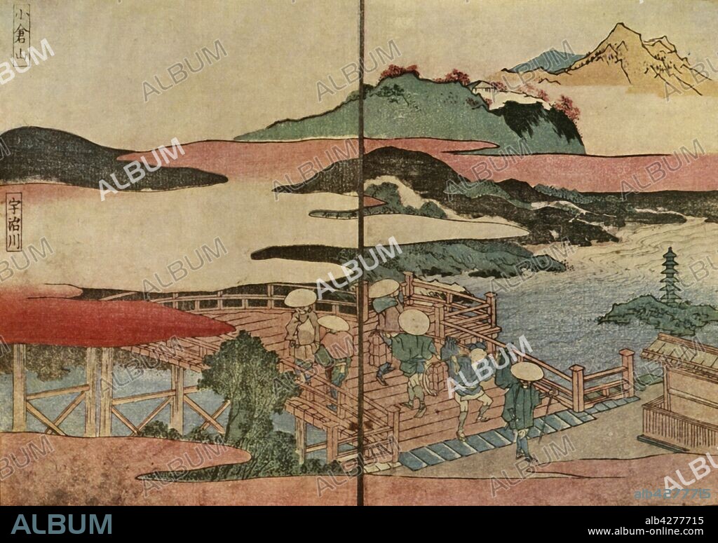 TOTOYA HOKKEI. 'Mount Ogura and the Uji River, 1824, (1924). People crossing a bridge surrounded by mist, with mountains in the distance. From the "Fuso Meisho Kyoka Shu" by Uwoya Hokkei, [1824]. Published in "Block Printing & Book Illustration in Japan", by Louise Norton Brown. [George Routledge & Sons, Ltd., E. P. Dutton & Co., London & New York, 1924].