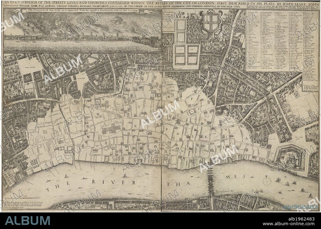 JOHN LEAKE. A map showing the ruins of the city of London, caused by the great fire of London, in 1666. AN EXACT SVRVEIGH OF THE STREETS LANES AND CHVRCHES CONTAINED WITHIN THE RVINES OF THE CITY OF LONDON : FIRST DESCRIBED IN SIX PLATS, BY IOHN LEAKE, IOHN IENNINGS, WILLIAM MARR, WILLM. LEYBVRN, THOMAS STREETE & RICHARD SHORTGAVE in Decber. Ao. 1666. BY THE ORDER OF THE LORD MAYOR ALDERMEN, AND COMMON COVNCELL OF THE SAID CITY. Reduced here into one intire plat, by Iohn Leake, the Citty Wall being added also; The places where the Halls stood, are exprest by Coats of Armes & all the Wards divided by pricks & Alphabet etc. / Wenceslaus Hollar fecit, 1667 ; Ionas Moore & Ralph Graterix Surveyors. London : Published by Nathanaell Brooke Stationer, 1667. Source: Maps Crace Port.1.50. Language: English.