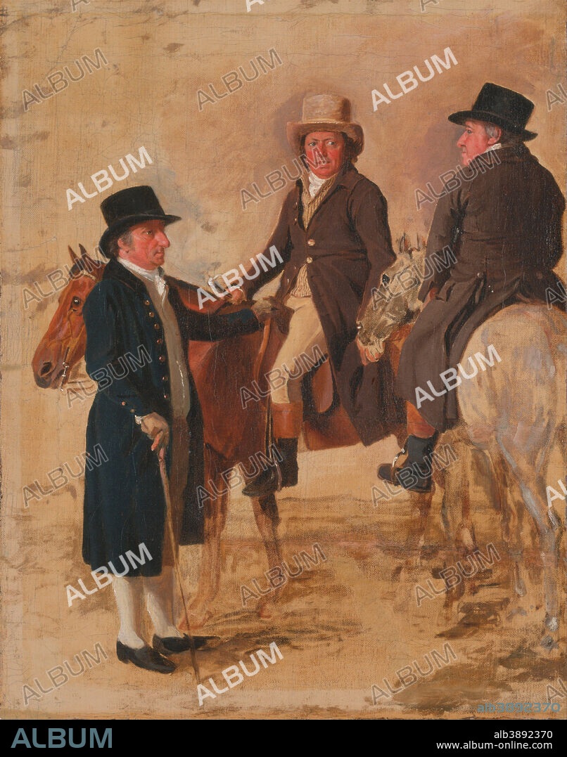 BENJAMIN MARSHALL. John Hilton, Judge of the Course at Newmarket; John  Fuller, Clerk of the Course; and John Stevens, a Trainer. Date/Period: Ca.  1804. Painting. Oil on ca - Album alb3892370