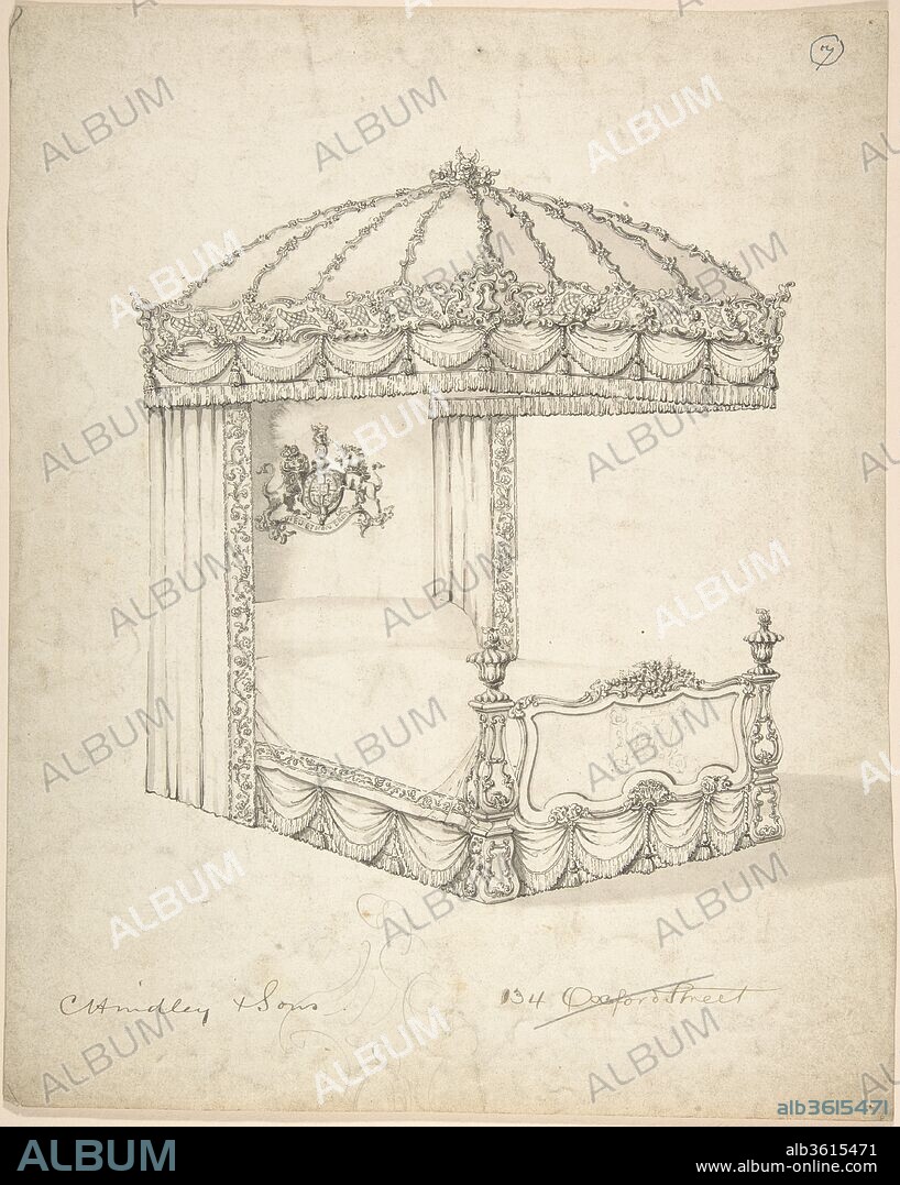 Design for Bed and Canopy. Artist: Charles Hindley and Sons (British, London 1841-1917 London). Dimensions: sheet: 12 5/16 x 10 in. (31.2 x 25.4 cm). Date: 1841-84.