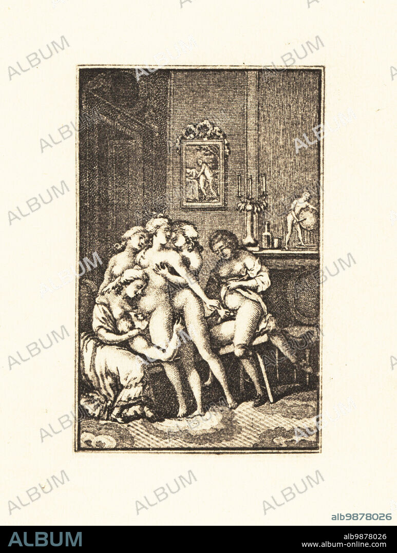 Naken man and five women enjoying a sexual orgy in a boudoir, 18th century.  Pornographic art on the walls. Copperplate engraving heliogavure by  Francois Rolland Elluin aft - Album alb9878026