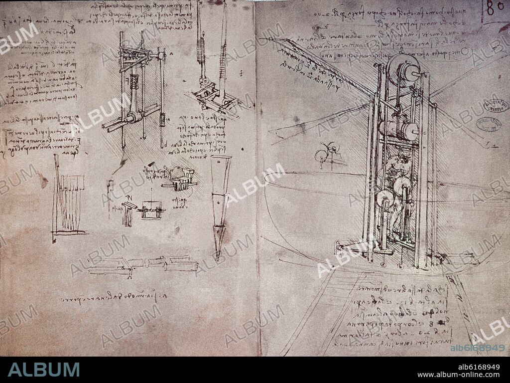 LEONARDO DA VINCI. DRAWINGS OF DIAGRAMS OF FLYING MACHINES-16th CENTURY-ITALIAN RENAISSANCE.