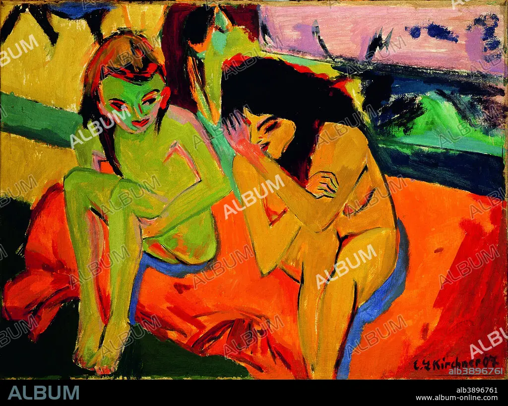 ERNST LUDWIG KIRCHNER. Two Girls / Naked Girls Talking. Date/Period: 1910.  Painting. Oil on canvas. Height: 750 mm (29.52 in); Width: 1,000 mm (39.37  in). - Album alb3896761