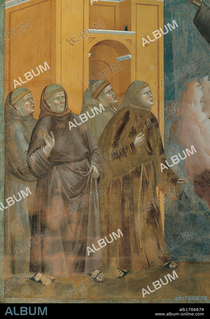 The Ecstasy of St Francis, by Giotto, 1297-1300, 13th Century, fresco, cm 270 x 230. Italy, Umbria, Perugia, Assisi, Upper Basilica of San Francesco, nave. Detail. Saints on left side of the picture Franciscan friars habit tunic brown hues shades brown yellow building.