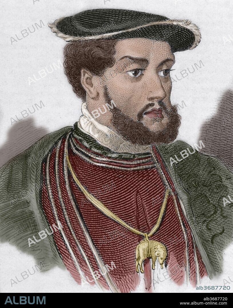 Carlos V (Gante, 1500-Yuste, 1558). Rey de España y emperador de Alemania. Proclamado emperador en 1519. Grabado coloreado.