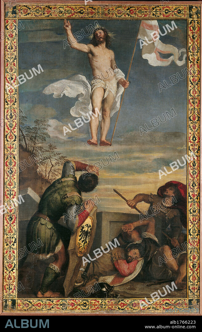 The Resurrection of Christ, by Vecellio Tiziano known as Titian, 16th Century, 1540-1544 about, oil on canvas, cm 163 x 104. Italy, Marche, Pesaro Urbino, Urbino, National Gallery of the Marche. This painting, together with another depicting the Resurrection (also now in Urbino) formed the two sides of a standard. The work was painted in Venice for the Confraternity of Corpus Domini in Urbino. All. Jesus Christ resurrected standard cross banner sky blue soldiers lance shield sepulcher discovery. Authorization required for non editorial use.