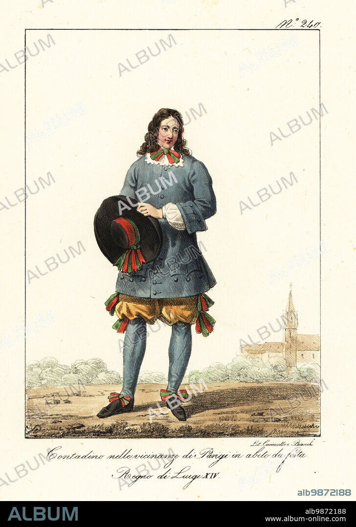 Parisian peasant in festival costume, 17th century. In coat, breeches, gaiters, and wide-brim hat, all decorated with red and green ribbons. Paysan des environs de Paris, en habit de Fete. Regne de Louis XIV. Handcoloured lithograph by Lorenzo Bianchi and Domenico Cuciniello after Hippolyte Lecomte from Costumi civili e militari della monarchia francese dal 1200 al 1820, Naples, 1825. Italian edition of Lecomtes Civilian and military costumes of the French monarchy from 1200 to 1820.