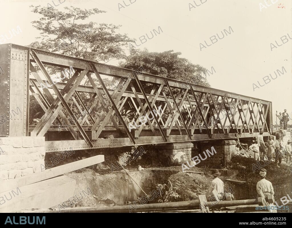 Trinidad & Tobago, Construction workers build a 24-metre railway bridge close to the Caroni River to prevent flooding on a nearby extension line of the Trinidad Government Railway. Caption reads: Caroni flood works, New Opening. 80ft, [c.1895]. 1999/221/1/25/24.