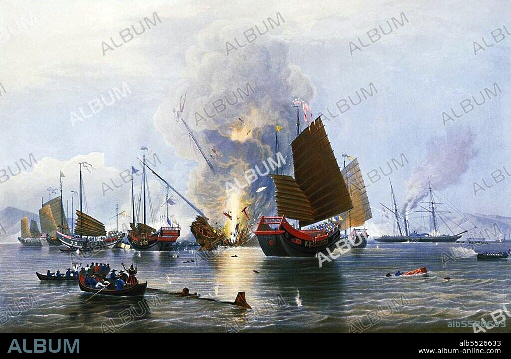 The Second Battle of Chuenpee was fought between British and Chinese forces at the Bocca Tigris, China, on 7 January 1841 during the First Opium War. The British captured the forts on the islands of Chuenpee and Tycocktow. The battle led to negotiations between British Plenipotentiary Charles Elliot and Chinese Imperial Commissioner Qishan in the Convention of Chuenpee. Elliot declared, among other arrangements, the cession of Hong Kong Island to the British Empire. During the battle, the iron steam ship Nemesis fired a congreve rocket which exploded a Chinese junk. A British officer gave his account of the incident: 'The very first rocket fired from the Nemesis was seen to enter the large junk . and almost the instant afterwards it blew up with a terrific explosion, launching into eternity every soul on board, and pouring forth its blaze like the mighty rush of fire from a volcano. The instantaneous destruction of the huge body seemed appalling to both sides engaged. The smoke, and flame, and thunder of the explosion, with the broken fragments falling round, and even portions of dissevered bodies scattering as they fell, were enough to strike with awe, if not fear, the stoutest heart that looked upon it'.