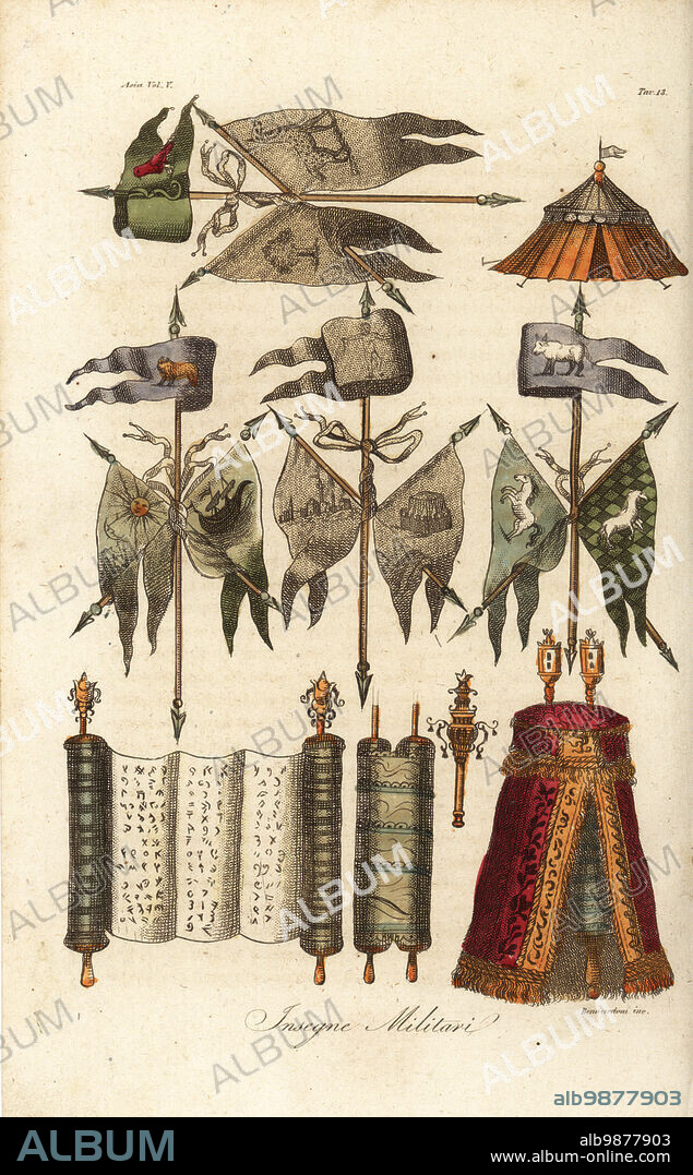 Military insignia of the ancient Hebrews. The 12 tribes of Israel had banners with deer, lion, eagle. Also tent, tabernacle and scrolls. Insegne Militari. Handcoloured copperplate engraving by Bennardoni from Giulio Ferrarios Costumes Ancient and Modern of the Peoples of the World, Il Costume Antico e Moderno, Florence, 1847.