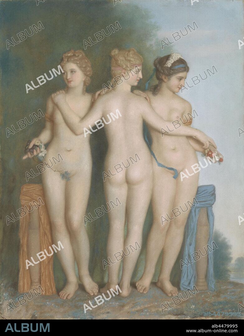 The Three Graces, after the Antique Marble Group at the Borghese Gallery,  Rome, The three Graces. Three standing naked women, full-length, with  flowers and fruits in their - Album alb4479995