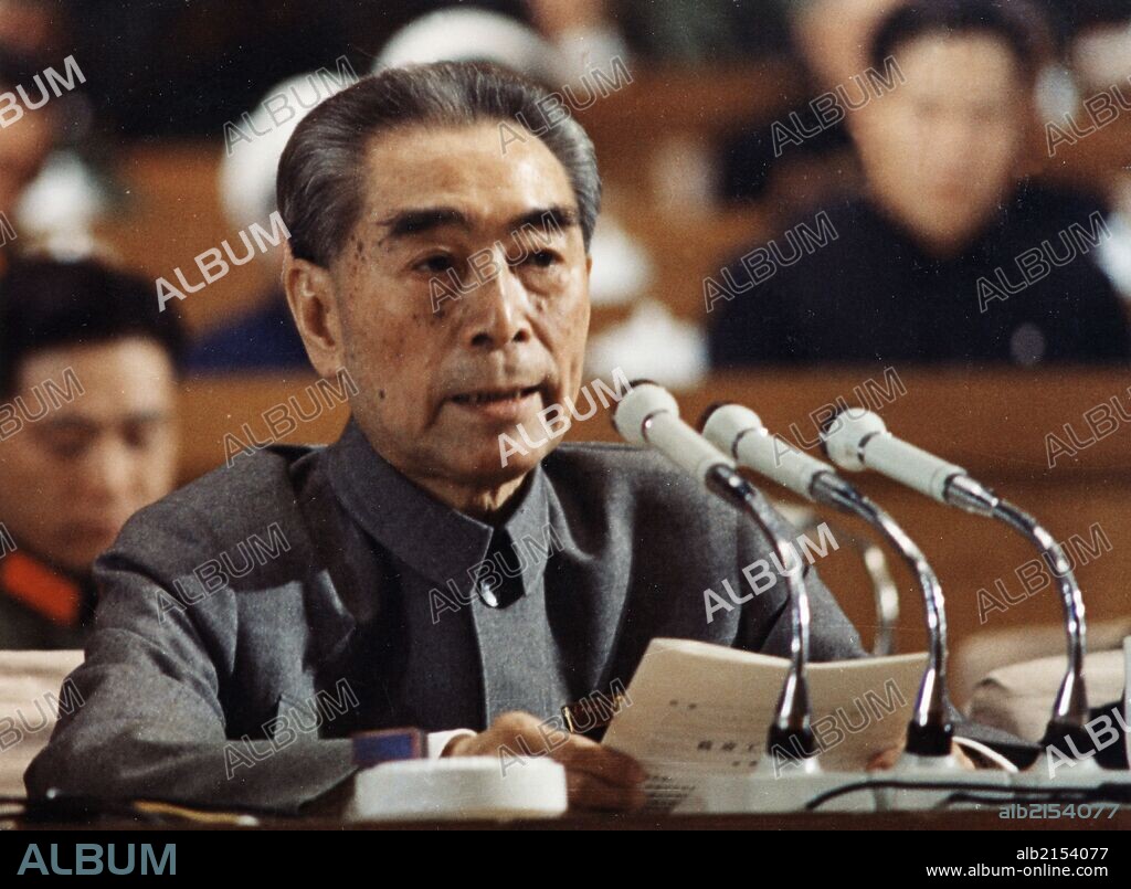 Chinese Premier Zhou Enlai during his Report on the Work of the Government at the First Plenary Session of the Fourth National People's Congress in January 1975. He reiterated the realization of the great goal of 'four modernizations' to the people of all nationalities of China at the session. (Photo by: Sovfoto/UIG via Getty Images).