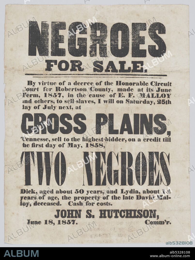 Broadside announcing the sale of a man, Dick, and a girl, Lydia,1857.  Creator: Unknown. - Album alb5328108