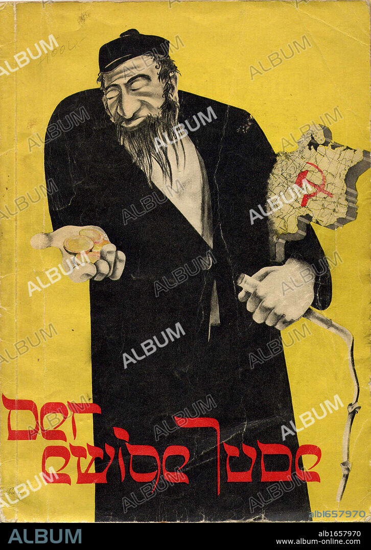 DER EWIGE JUDE, 1937, book of phtographs published by the Third Reich. Dramatic Antisemitic illustration on the cover showing a Jew holding gold coins in one hand and a whip in the other, with the Soviet Union under his arm. Der ewige Jude (The Eternal Jew), 1940, was the most infamous Nazi propaganda film. It was produced at the insistence of Joseph Goebbels, under such active supervision that it is effectively his work. It depicts the Jews of Poland as corrupt, filthy, lazy, ugly, and perverse: they are an alien people which have taken over the world through their control of banking and commerce, yet which still live like animals.