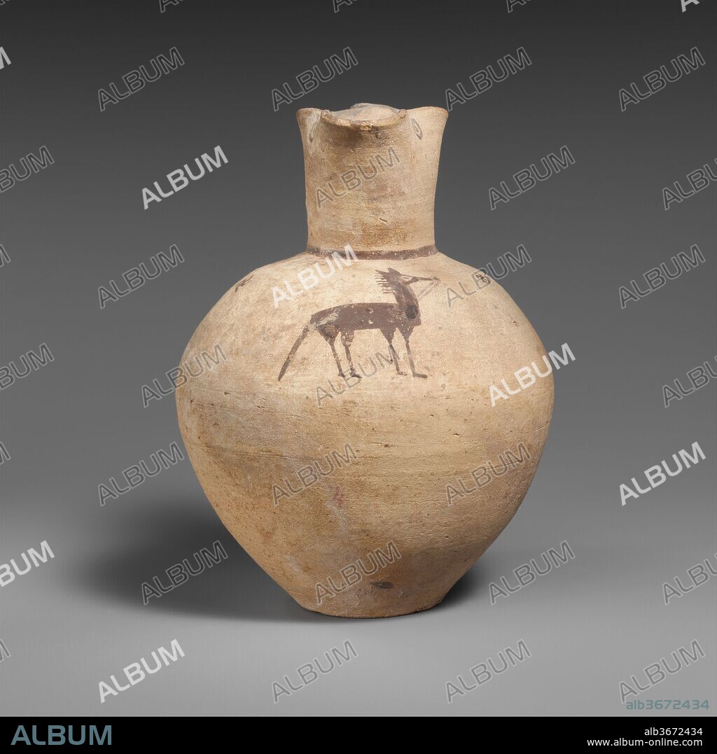 Terracotta jug. Culture: Cypriot. Dimensions: H. 6 13/16 in. (17.3 cm); diameter  2 3/8 in. (6 cm). Date: 850-750 B.C..
Swastikas and a horse at front.