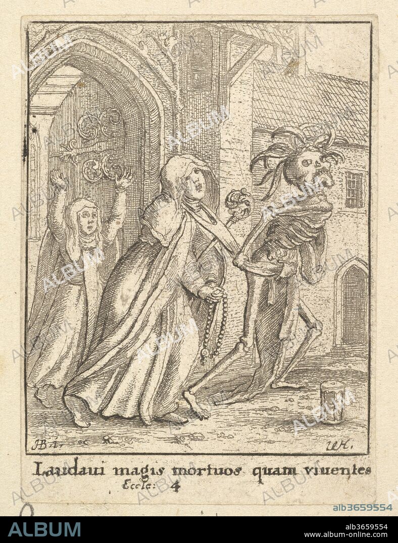 The Abbess, from the Dance of Death. Artist: After Hans Holbein the Younger (German, Augsburg 1497/98-1543 London). Dimensions: Sheet: 2 15/16 × 2 3/16 in. (7.5 × 5.5 cm). Etcher: Wenceslaus Hollar (Bohemian, Prague 1607-1677 London). Series/Portfolio: Dance of Death, after Holbein. Date: 1651.
Death drags an Abbess from her convent; at left a nun throws her arms up in alarm.