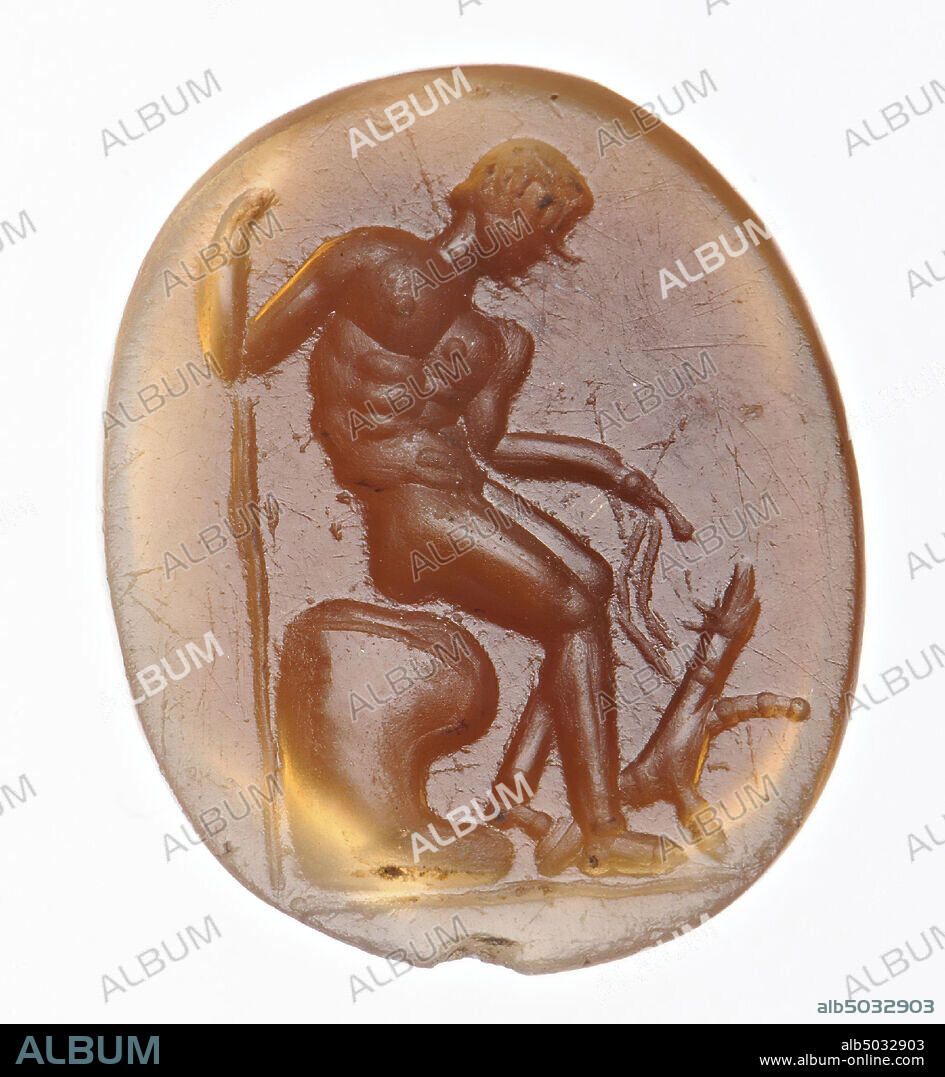 Vz: a young man, naked and in three-quarter front view, sits on a rocky  object, in his left hand he has a leash with a dog and in the other hand he